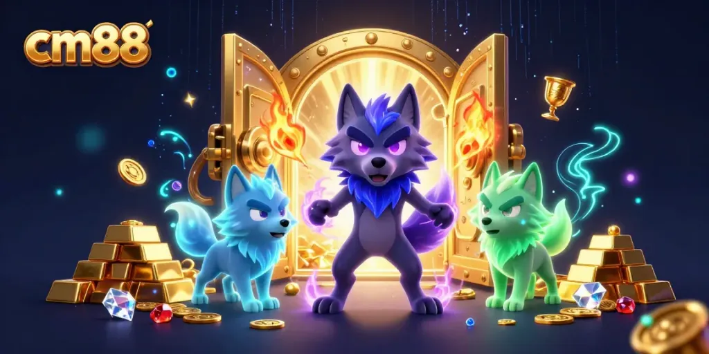 Engage with cm88’s thrilling gaming experience featuring a charismatic wolf leader amidst gleaming treasures and vibrant energy.