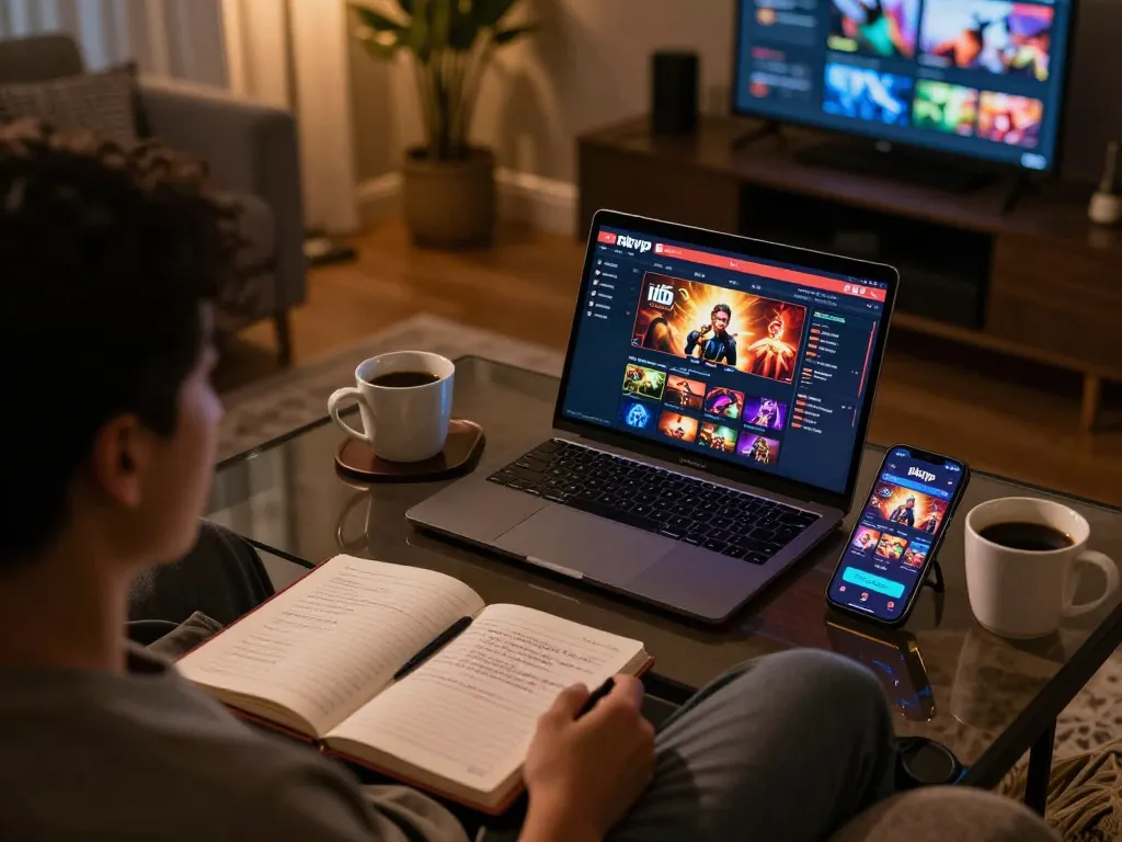 Engaging online gameplay at rikvip with laptop and mobile device setups in a cozy home environment.
