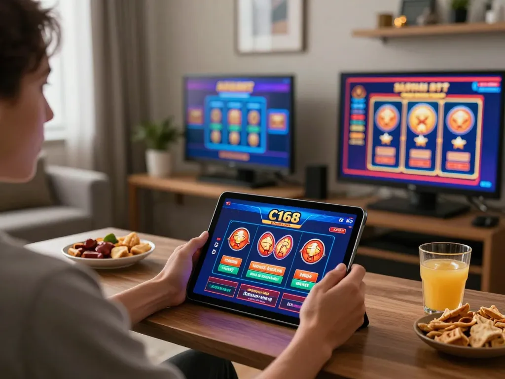C168 casino app user engaged in online gaming with vibrant tablet interface and cozy ambiance.