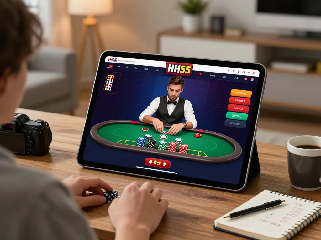 Experimente uma jogabilidade emocionante na plataforma HH55 em casa com blackjack ao vivo no tablet.