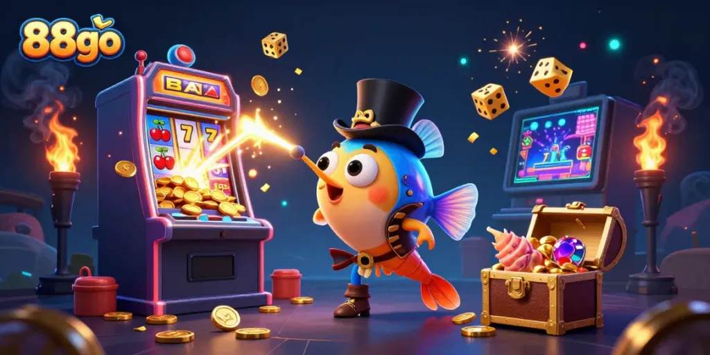 Experience the excitement of 88go with a vibrant scene featuring cartoon characters, golden coins, and a jackpot explosion.
