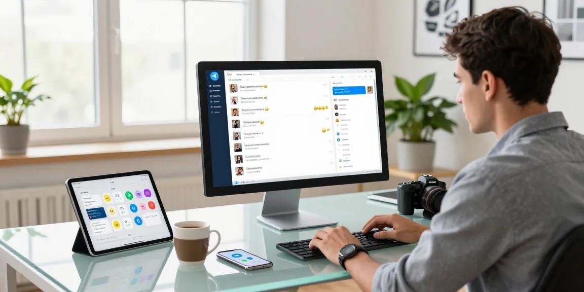 Discover the Telegram Web Version in a modern workspace filled with tech gadgets and natural light.