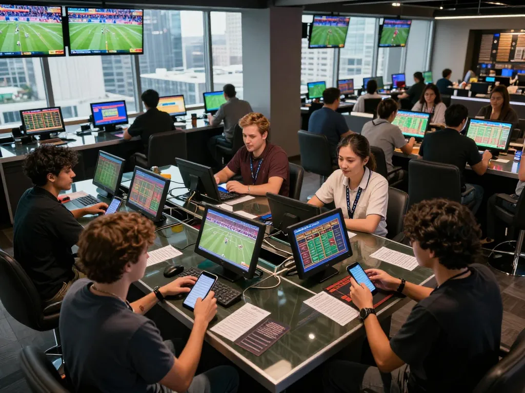 PHDream sports betting enthusiasts engaging with a sleek interface while placing bets in a trendy lounge.