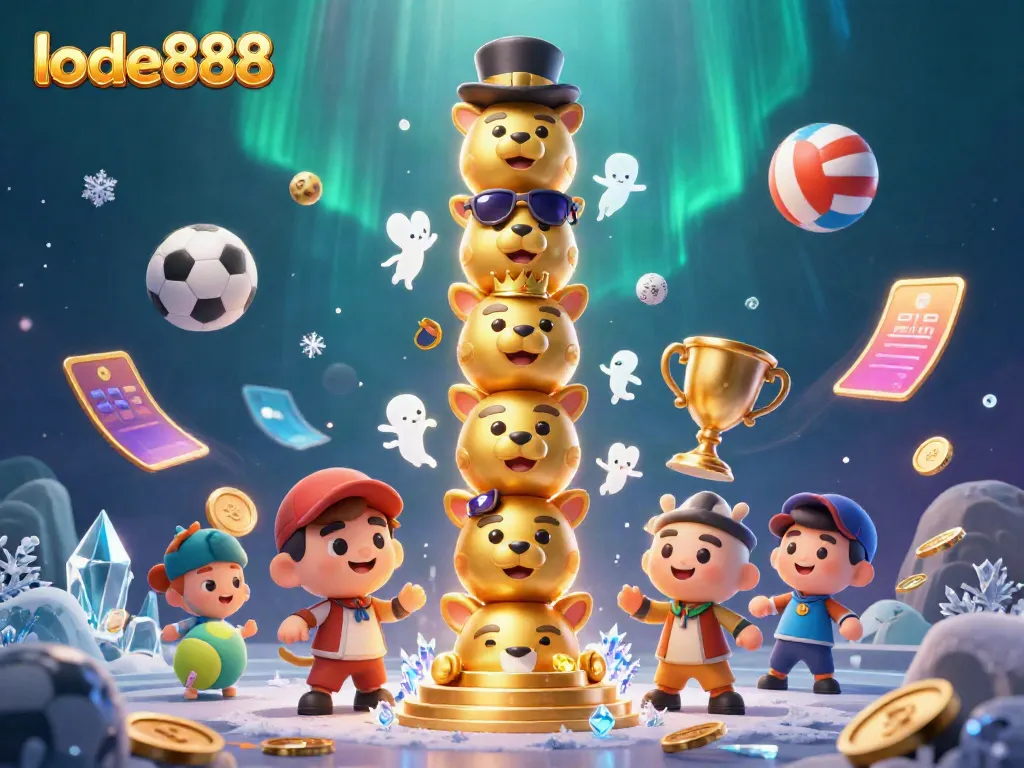 Engage with exciting gameplay at lode888 with vibrant casino elements, exciting sports balls, and a golden totem illustration.