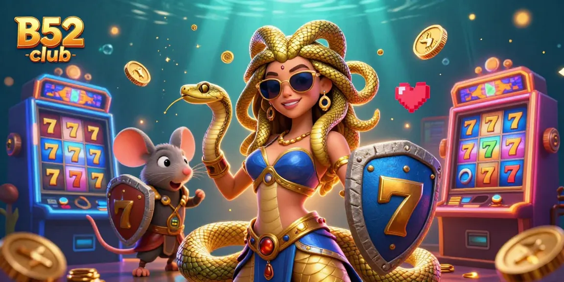 B52 club unleashes exciting gaming adventures with cute Medusa and warrior mouse amid jackpot slots.