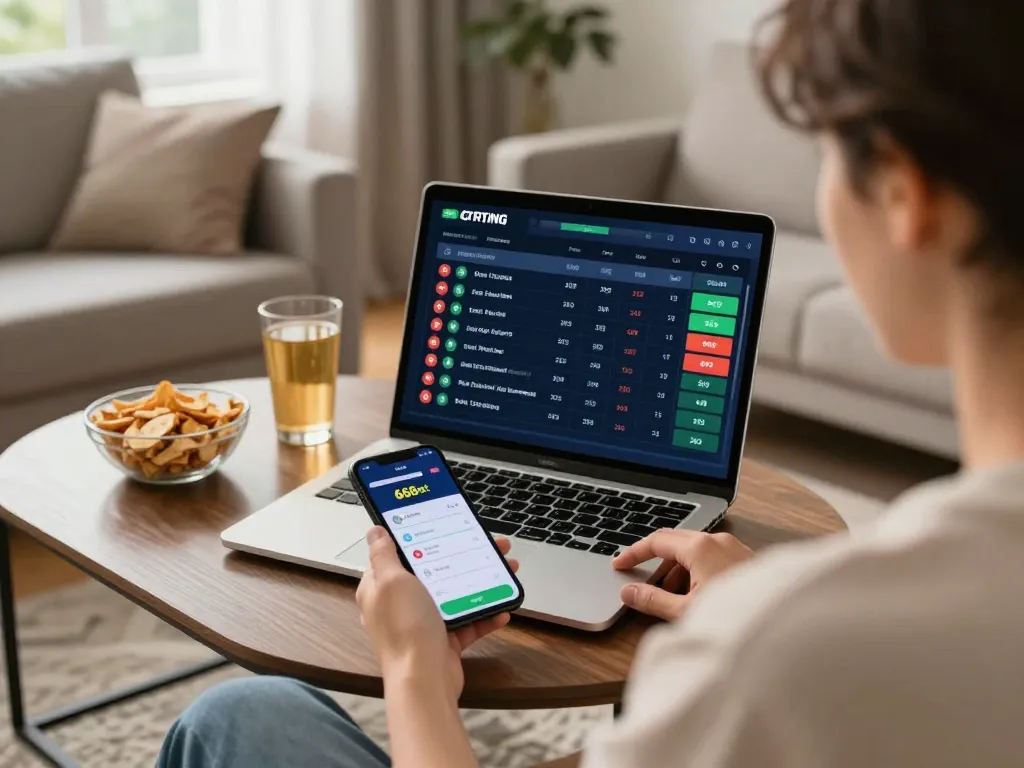 Sessão envolvente de apostas esportivas em casa com o app 668bet exibido na tela de um laptop.