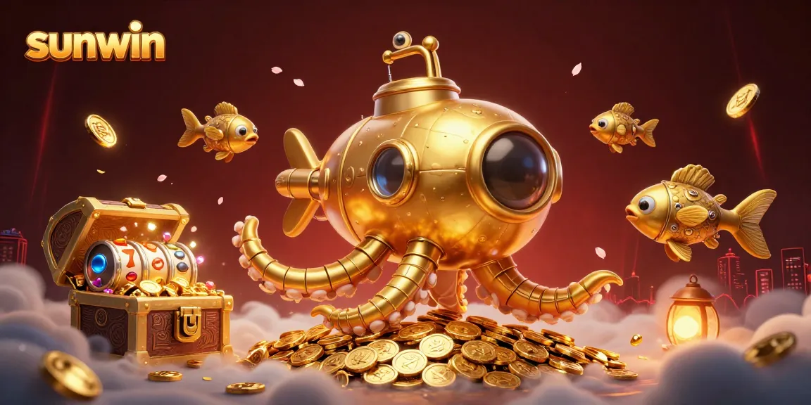 Sunwin slots theme with a dazzling kraken submarine surrounded by gold coins and treasure.