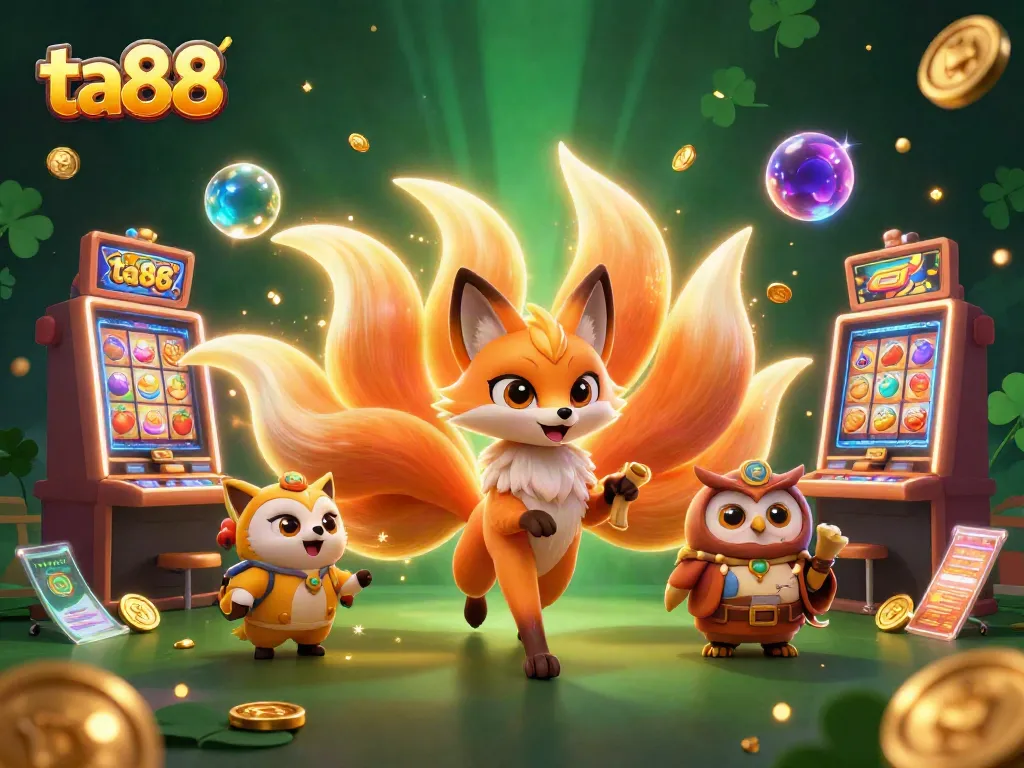Spin and win at ta88 with a colorful nine-tailed fox and magical casino elements in this vibrant illustration
