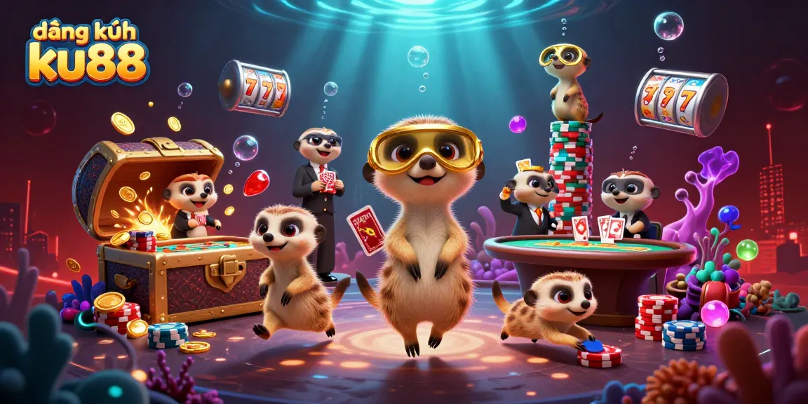 Join the fun and đăng ký ku88 at this vibrant 3D casino illustration with meerkats managing games!