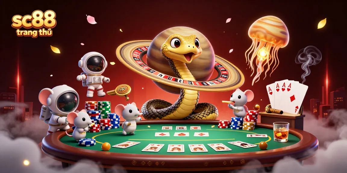 Engage in thrilling gaming at sc88 trang chủ, featuring a vibrant 3D illustration of casino elements.