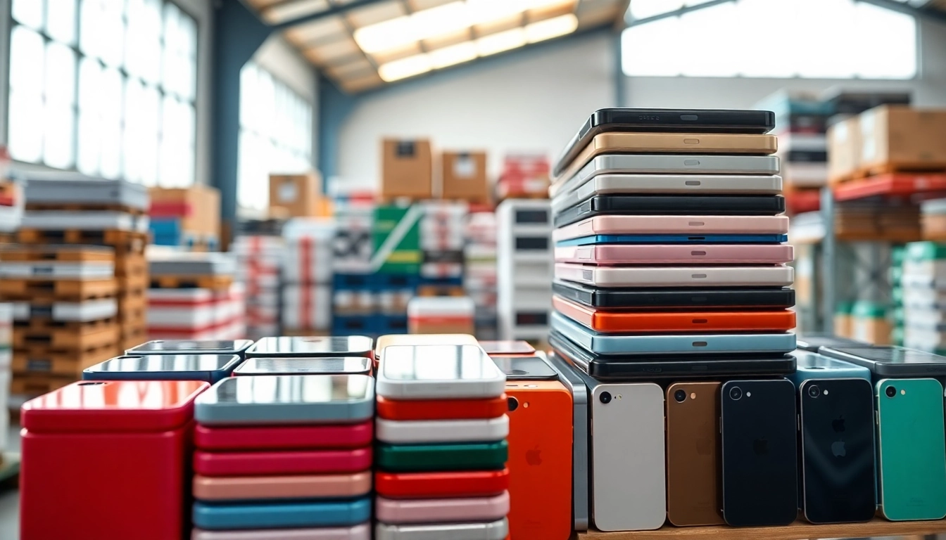 Liquidation iPhone Pallets for Sale – 20 Units, featuring colorful iPhones stacked in a well-lit warehouse.