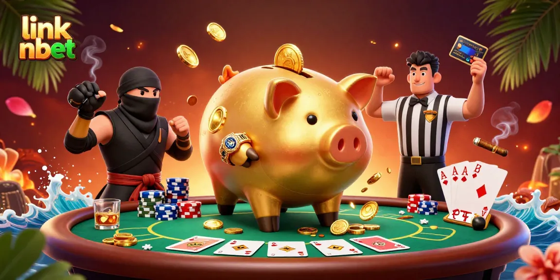 Experience the thrill of link nbet with golden piggy bank sumo wrestler and vibrant poker scene.