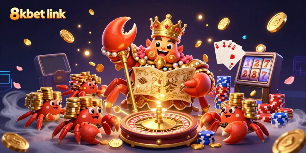 Engage with 8xbet link in an exciting casino scene featuring a golden crab emperor and stunning game elements.