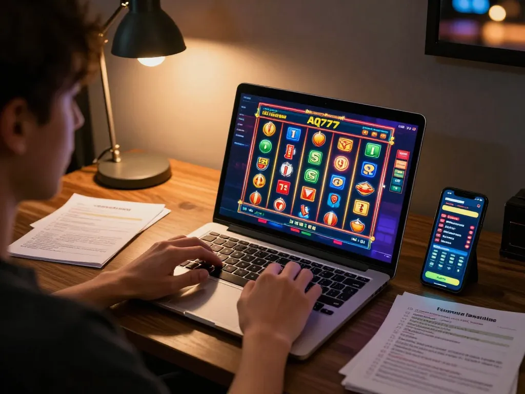 Pessoa interagindo com jogos de casino AQ777 online, mostrando uma experiência de jogo animada com notas de estratégia visíveis