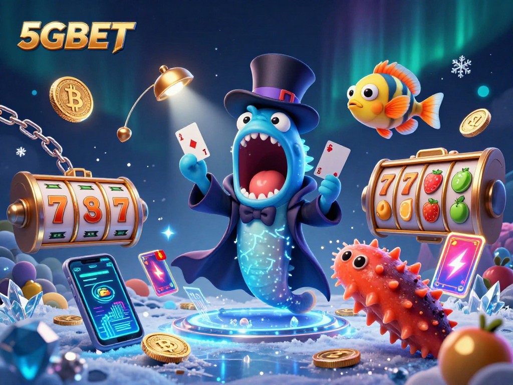 Experience the magic of slots with 5GBET's dynamic casino scene featuring card tricks and glowing crypto coins.