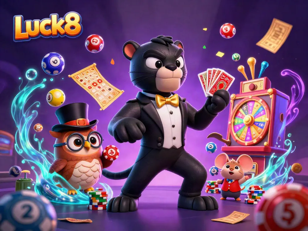 Luck8 showcases a vibrant casino scene with a stylish black panther dealer, owl with poker chips, and lucky mouse, enhancing player excitement.