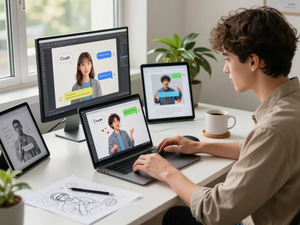 Engaging interaction with Crush on AI software in a modern workspace, showcasing creativity and innovation.