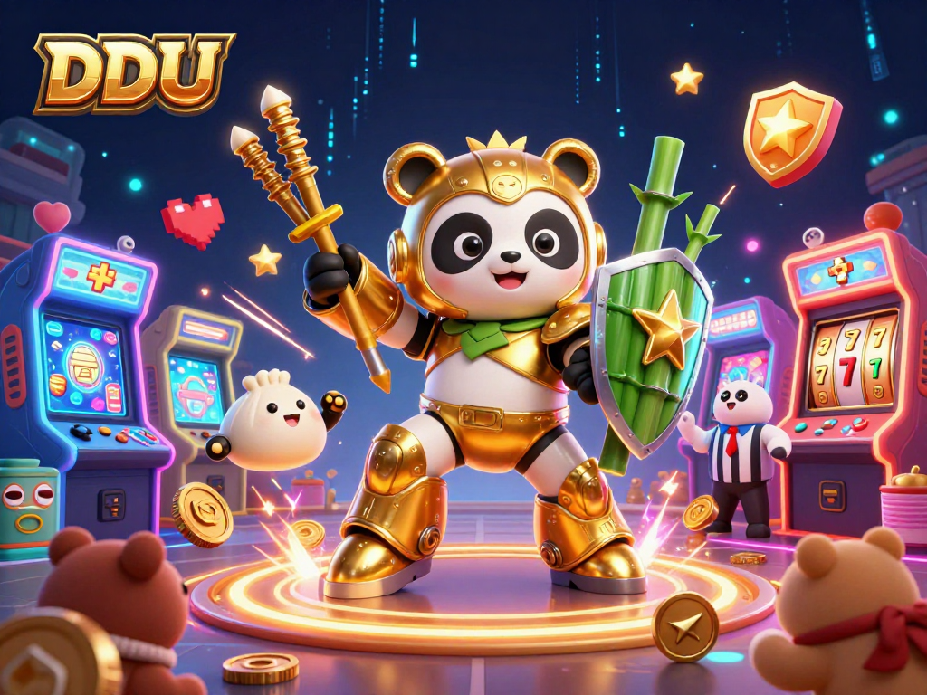 Experience thrilling DDUU slot action with colorful 3D elements and vibrant characters in a casino arena.
