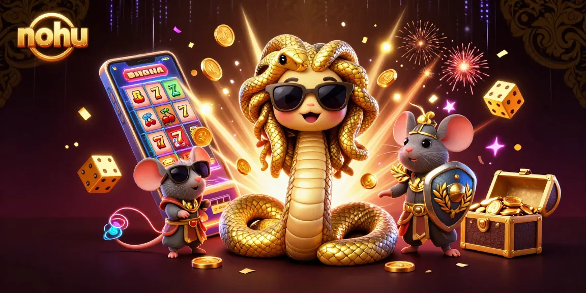 Nohu's colorful jackpot explosion illustrates a dynamic casino experience with golden Medusa and mice warriors.