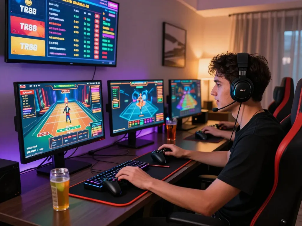 Engaged gamer at TR88 nhà cái enjoying a vibrant online casino experience with multiple screens displaying live games.