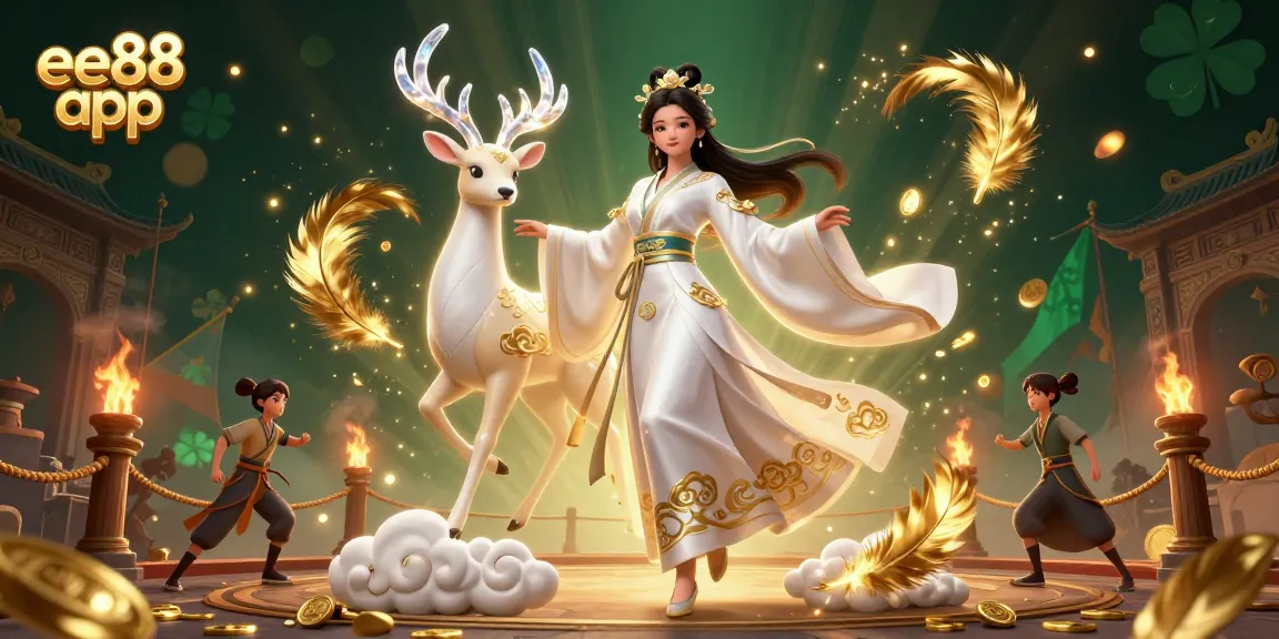 Engage with the ee88 app in a vibrant 3D illustration featuring dynamic casino elements and characters.