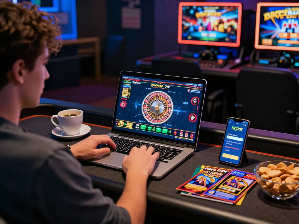 Jogador feliz utilizando o spbet em um cassino online, com jogos vibrantes e ambiente acolhedor.