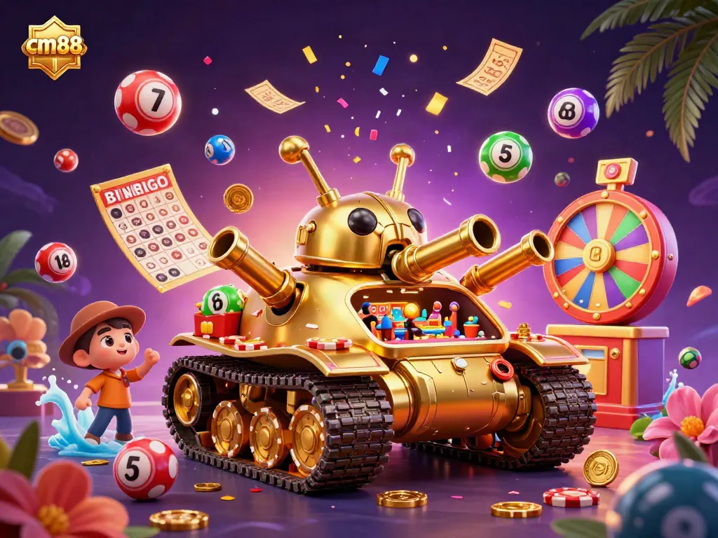 Experience entertaining games at cm88 with a vibrant casino-themed 3D illustration full of lottery balls and casino elements.