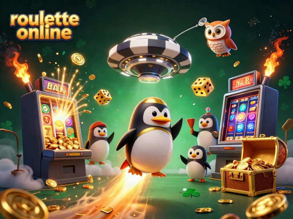 Experience the excitement of roullete online with a thrilling 3D illustration of a cosmic penguin and casino elements.