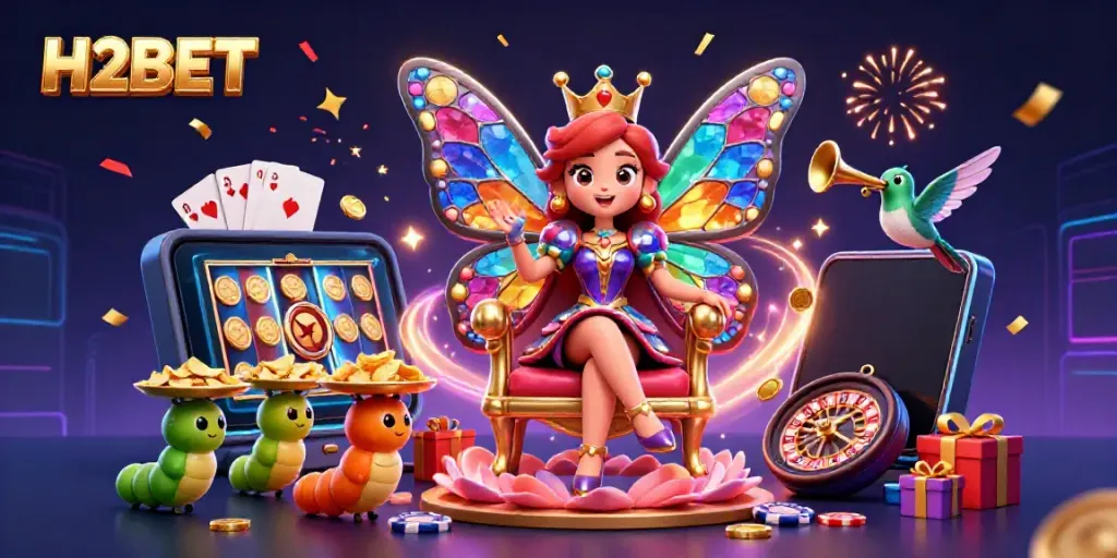 H2BET showcases a vibrant casino experience with a butterfly queen and gaming action, celebrating winning moments.