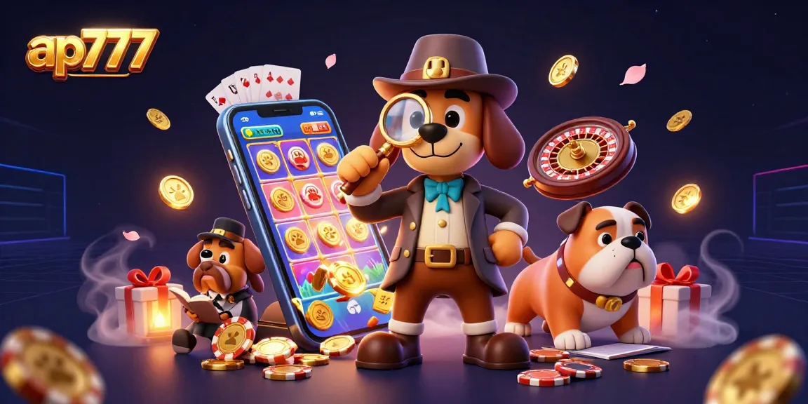 Jogue jogos emocionantes no ap777 com um desenho animado de detetive examinando pistas do cassino em meio a jogos de caça-níqueis vibrantes e fichas de pôquer.
