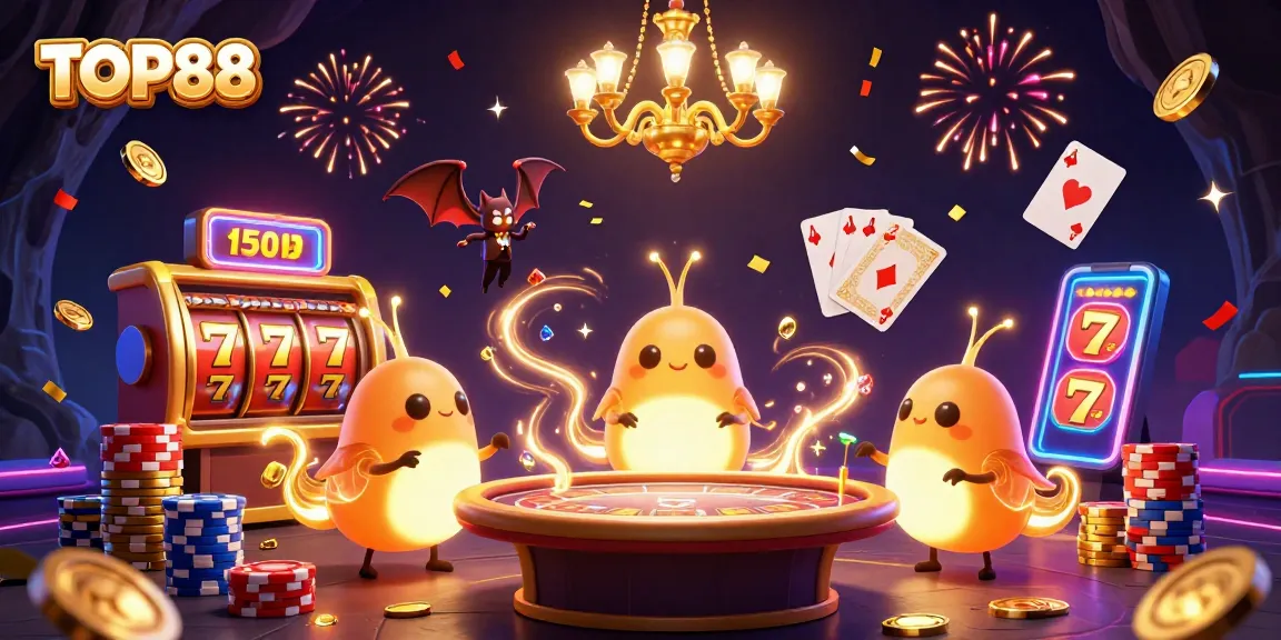 Experience the fun at TOP88, with slots, glowing decorations, and vibrant energy!