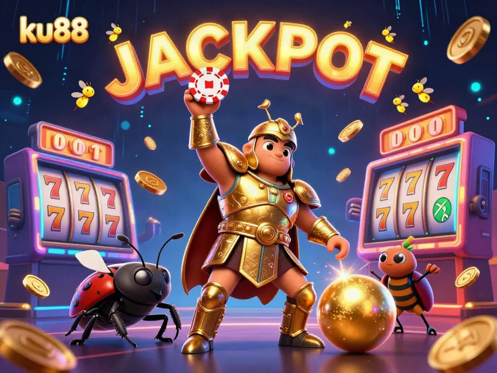 ku88 shines with a heroic beetle celebrating a jackpot win amidst vibrant casino elements.