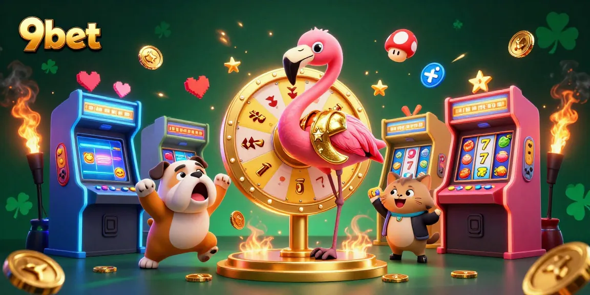 Experience thrilling gameplay with 9bet's dynamic casino scene featuring vibrant slot reels and game hosts.