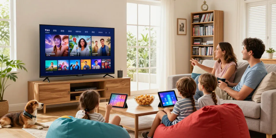 Família assistindo IPTV na sala, com TV grande e ambiente acolhedor.