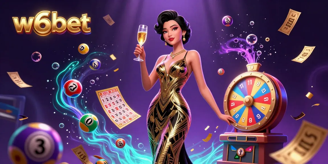 Participe da cena vibrante do cassino da w6bet com uma mulher elegante em meio a elementos dinâmicos de loteria e jogos.