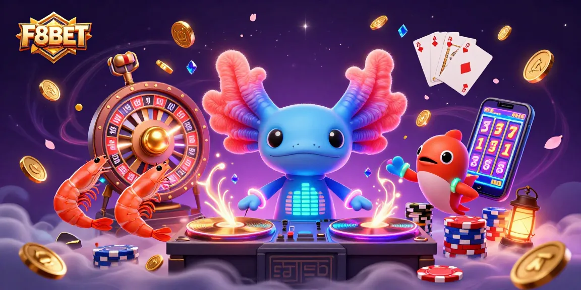 F8BET features a vibrant scene with cartoon axolotl DJ and underwater casino elements.