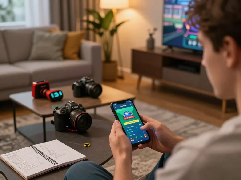 Player engaging with the jogoluck app on smartphone in a cozy home setting, illustrating responsible gambling.
