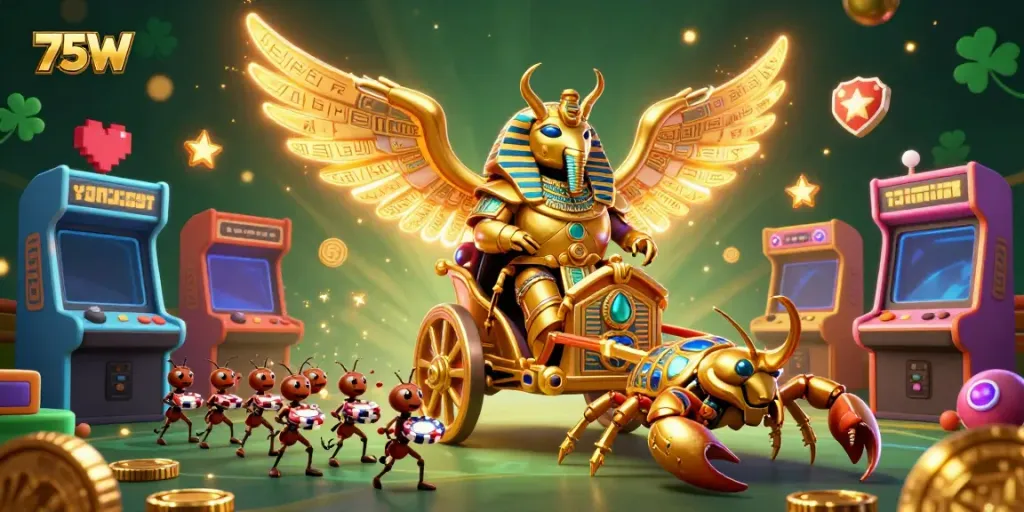 Engage with thrilling casino action featuring 75W in vibrant games with a magical beetle and scorpions.