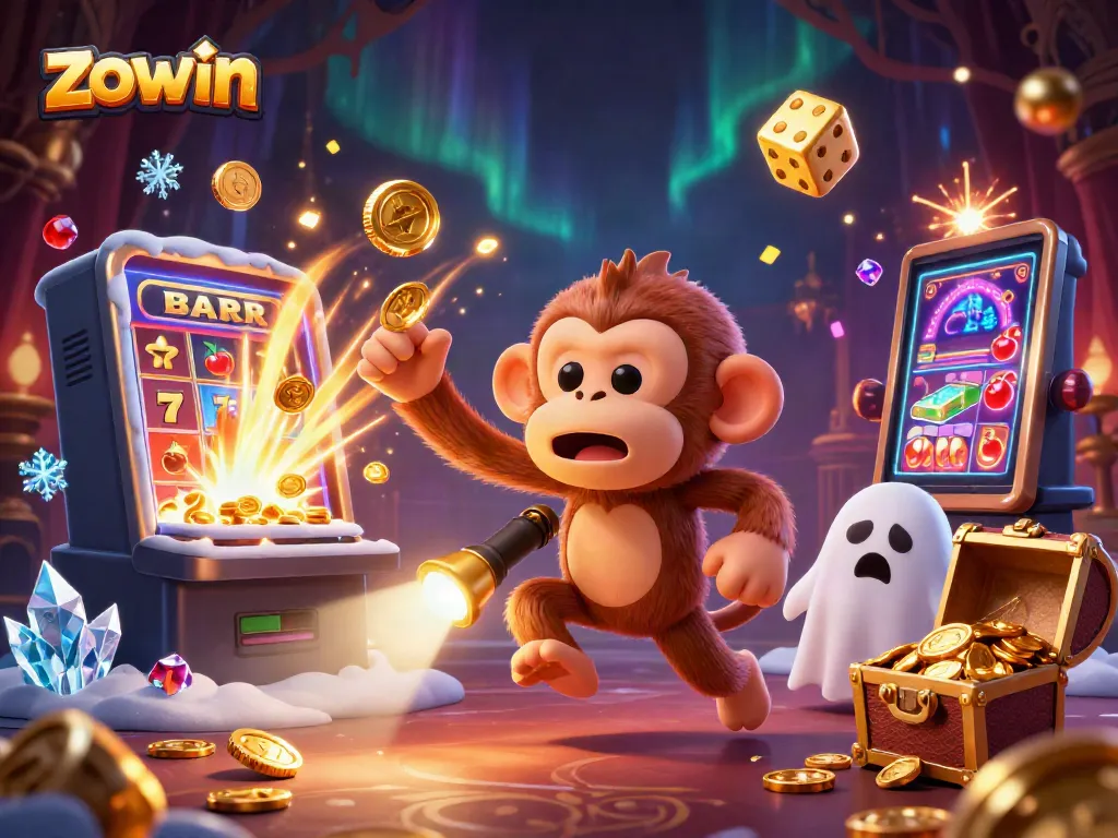 Zowin's vibrant scene captures a playful ghost-monkey juggling at a thrilling casino, enhancing excitement.