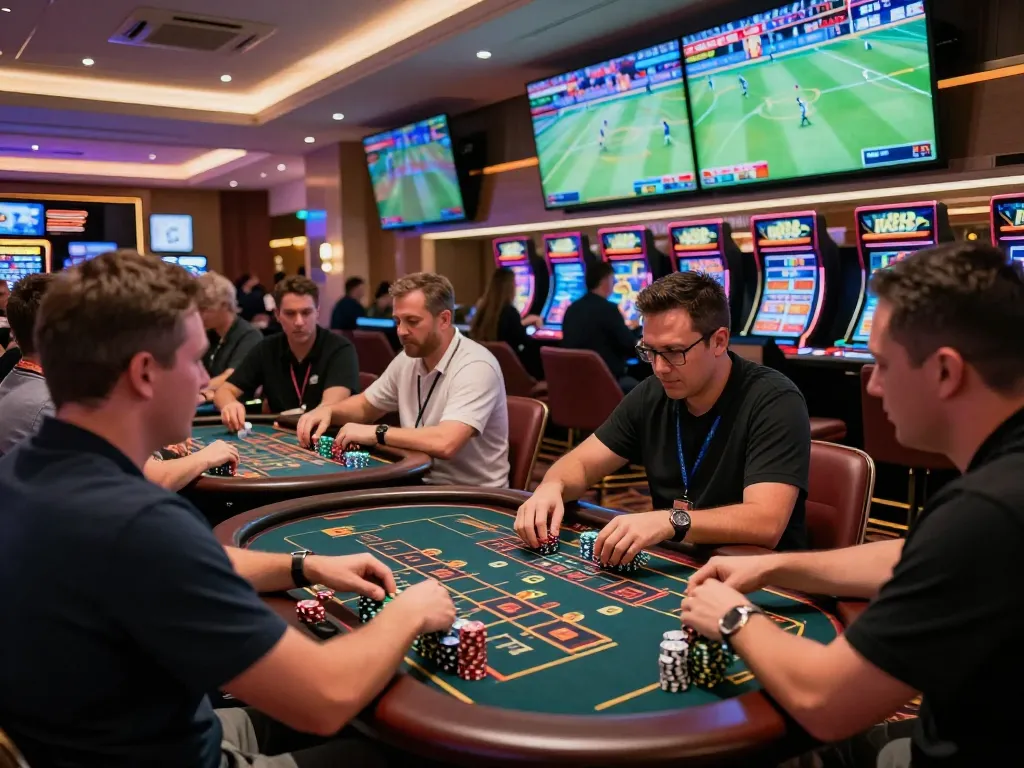Betting excitement at nk88's sports lounge with enthusiastic players engaging in live wager action.