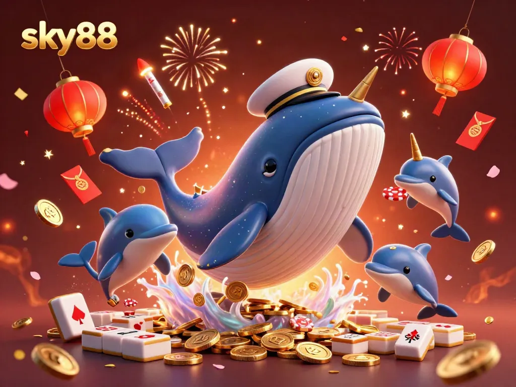 Experience the excitement with sky88, featuring a whale and dolphins in a vibrant casino scene.