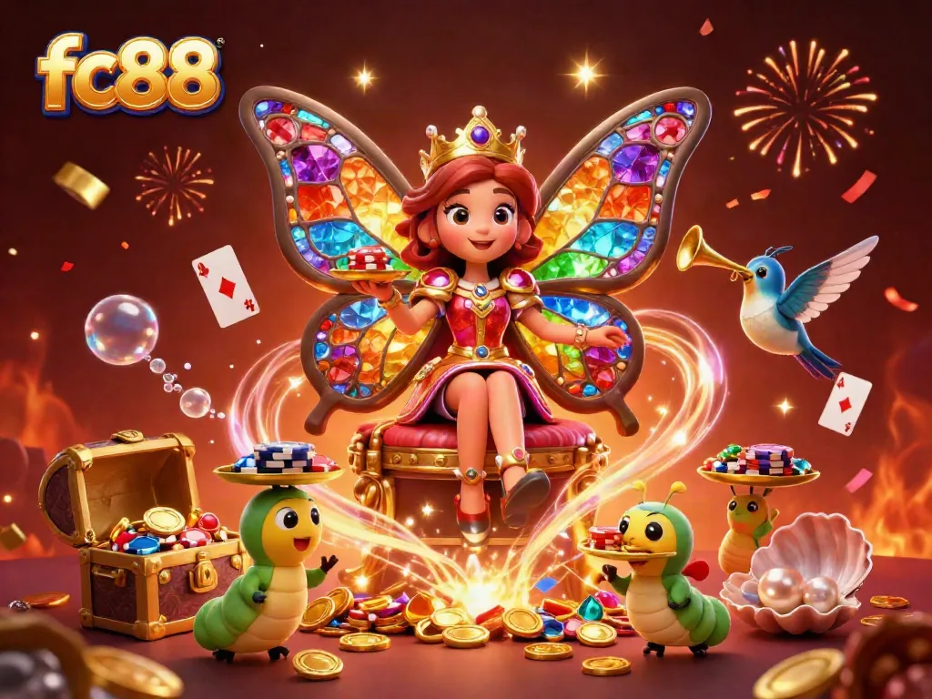 Experience the vibrant world of fc88 with a captivating casino-themed illustration featuring the butterfly queen and her colorful companions.
