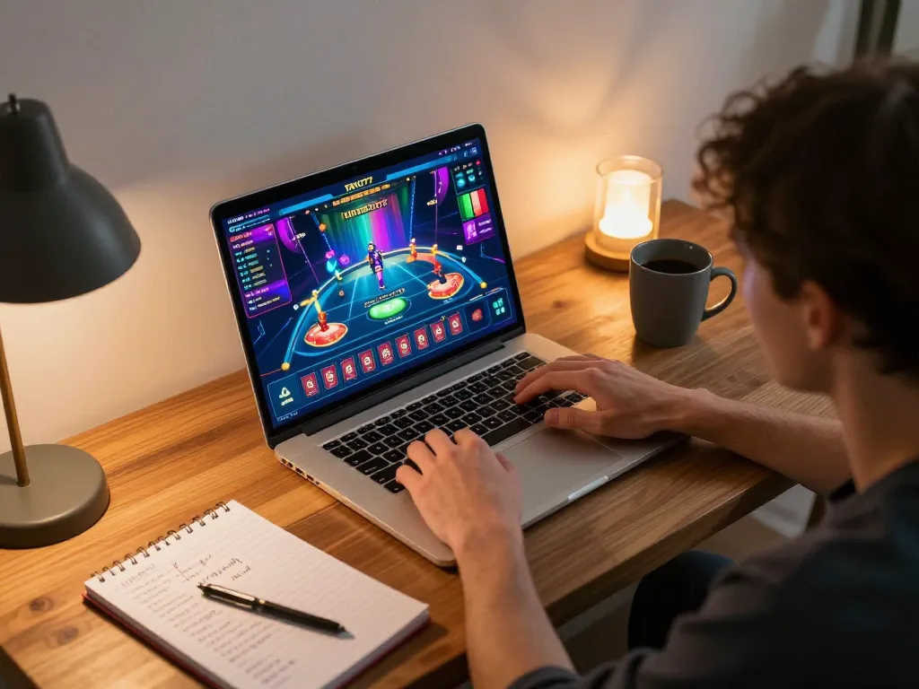 TAYA777 online gaming experience with a cozy setup and strategic notes.