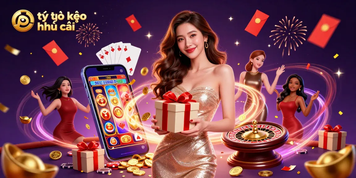 Engage with tỷ lệ kèo nhà cái showing a stunning woman amidst festive casino elements, celebrating big wins!