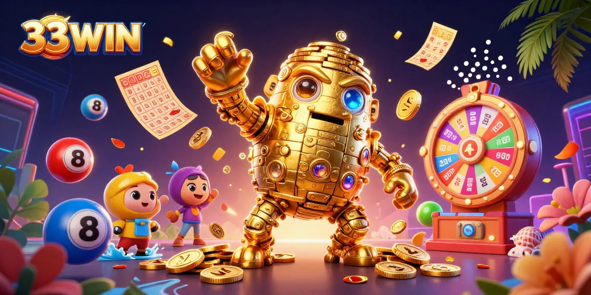 Engage in exciting gaming at 33WIN, featuring a vibrant illustration of a golden golem and lottery elements.
