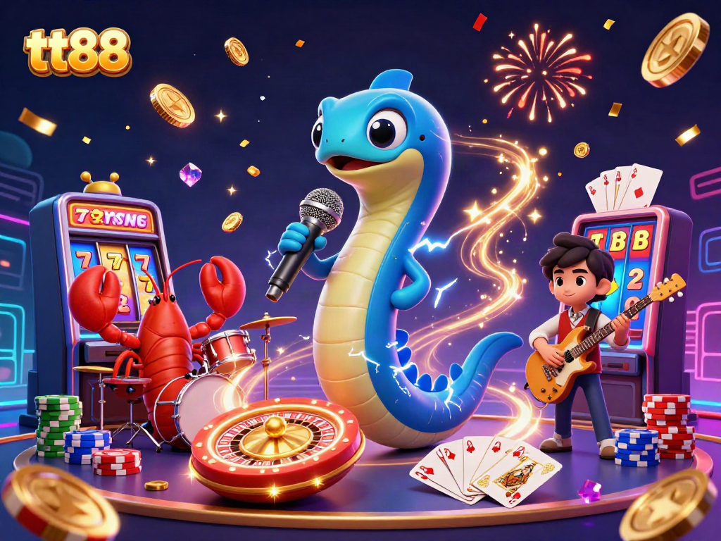 Feel the excitement at tt88 with lively casino-themed 3D illustration of electric eel DJ and vibrant underwater scene.