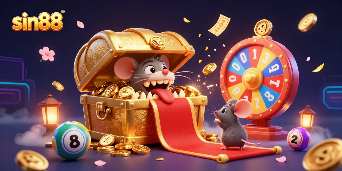 Experience thrilling gaming with sin88, as colorful lottery elements bounce around a treasure chest in this vibrant illustration.