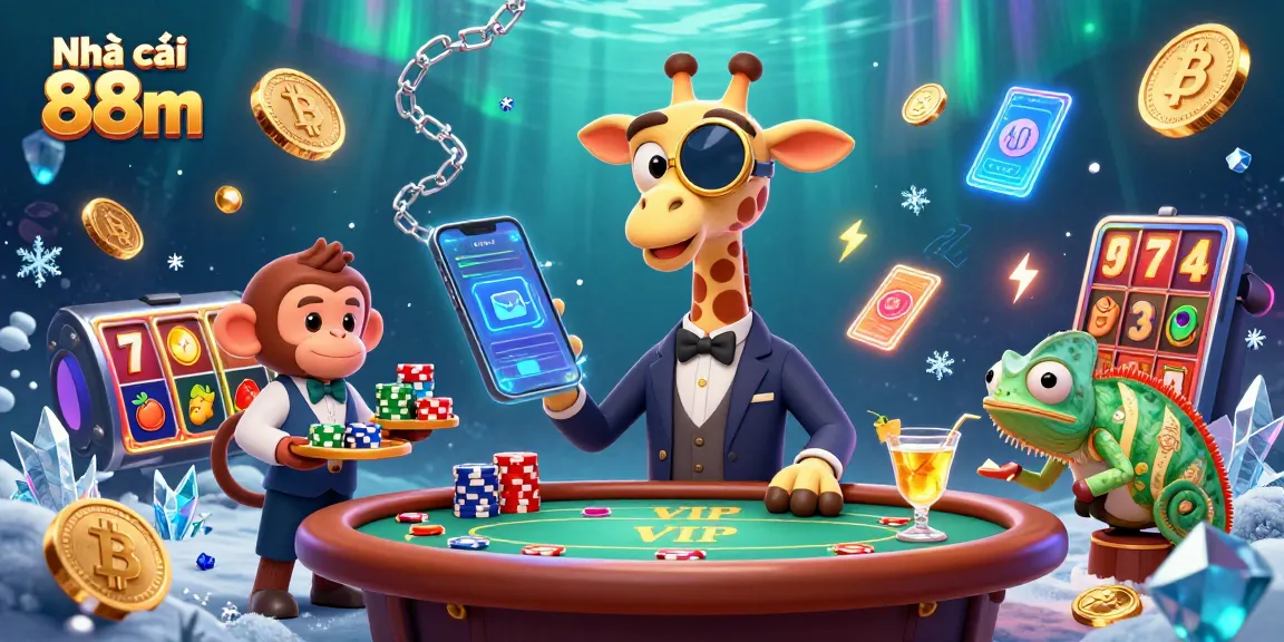 Engage with Nhà cái 88m's vibrant casino scene with 3D cartoon characters, poker table, and crypto elements.