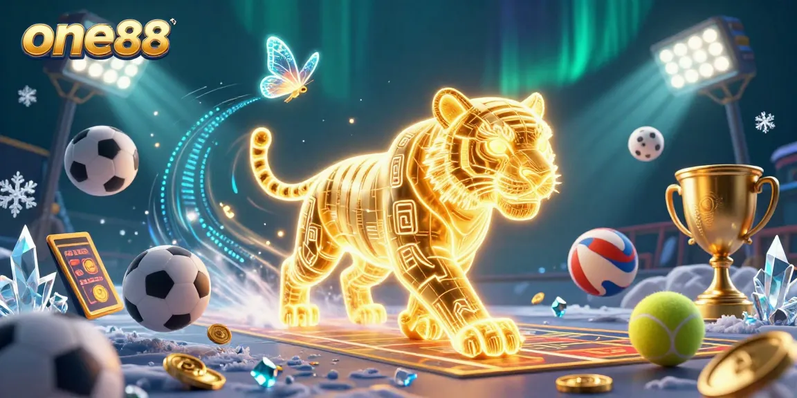 Experience thrilling action at one88 with a neon-light tiger amidst dynamic sports elements in a vibrant casino
