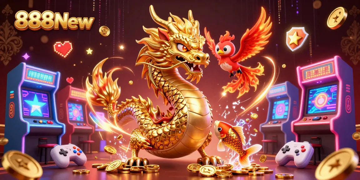 Join the excitement with 888New's vibrant gaming scene featuring a dragon and phoenix.